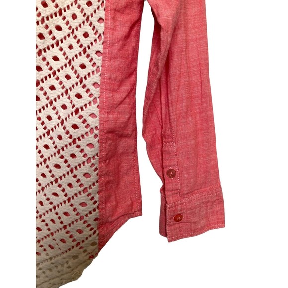 Free People Slubby Road Trip Lace Crochet Back Button Down Shirt Size Small Pink - Picture 7 of 10